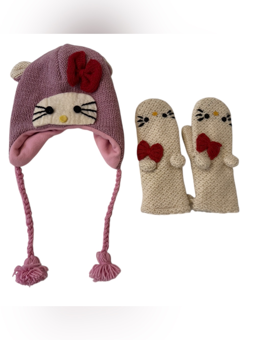 Hello Kitty Pink Knit Earflap Hat with Cream Mittens Set